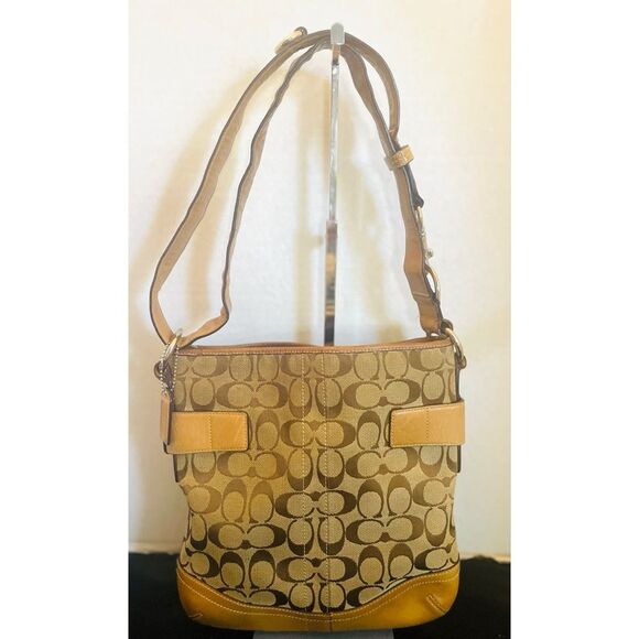 Vintage Coach Signature Print Monogram & Leather Shoulder Bag #3578 GUC Tan - Picture 3 of 13